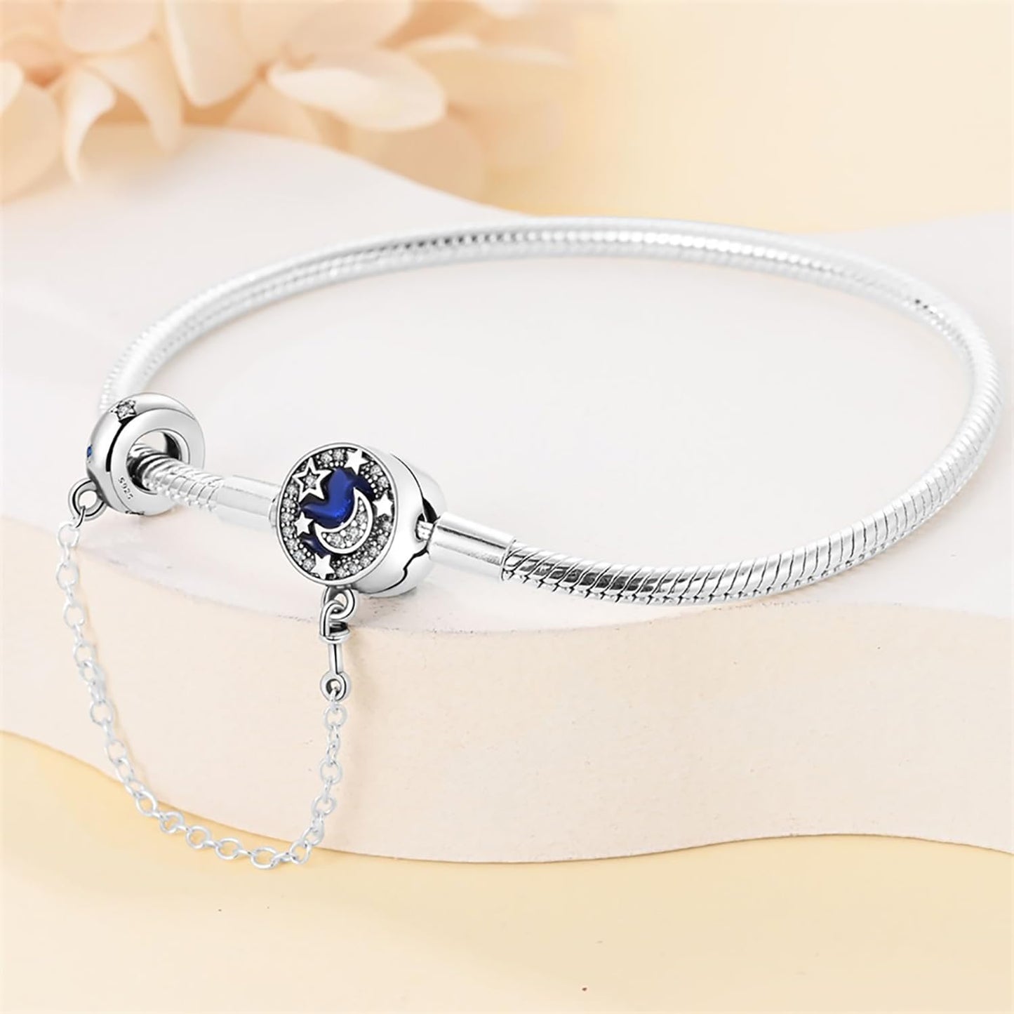 Crescent Moon with Star Bracelet, Blue Enamel and Crystal Accents