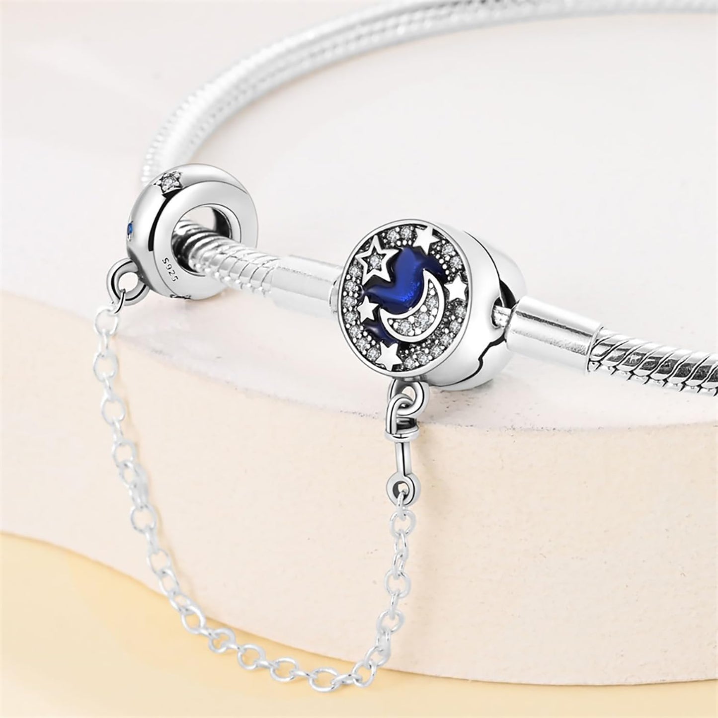 Crescent Moon with Star Bracelet, Blue Enamel and Crystal Accents