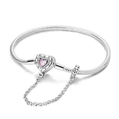 Heart Charm Bracelet with Pink Crystal and Safety Chain