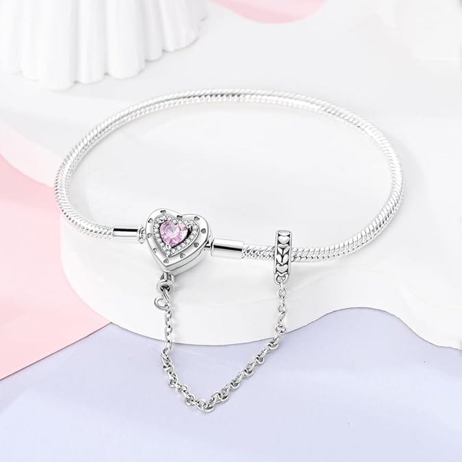 Heart Charm Bracelet with Pink Crystal and Safety Chain