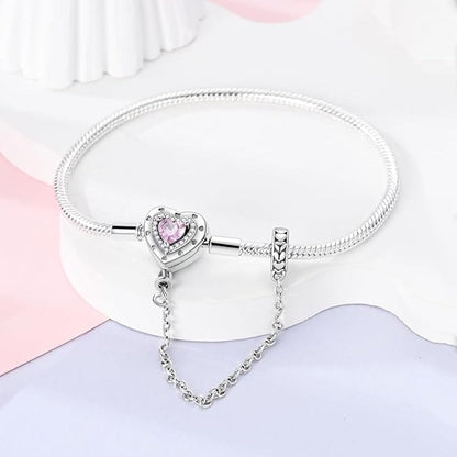 Heart Charm Bracelet with Pink Crystal and Safety Chain