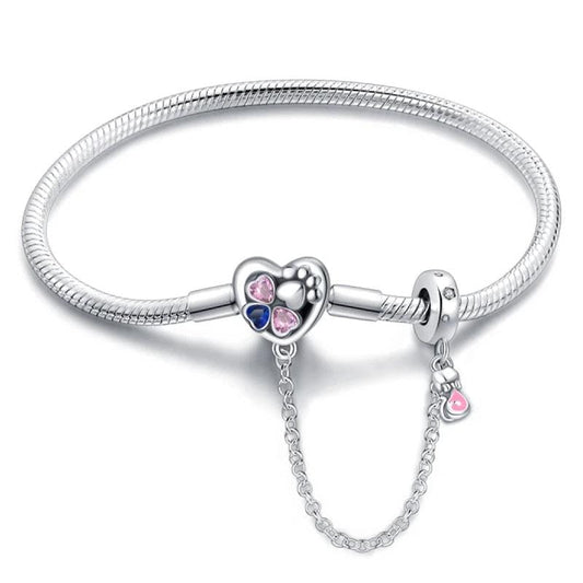 Heart & Paw Charm Bracelet with Safety Chain