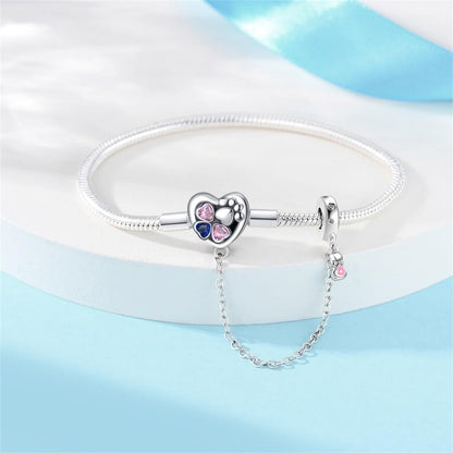 Heart & Paw Charm Bracelet with Safety Chain