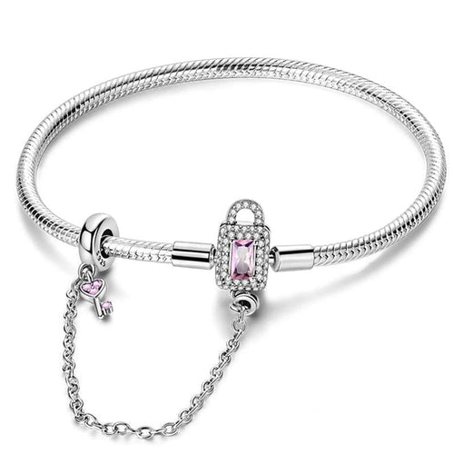 Lock and Key Bracelet with Pink Crystal and Safety Chain