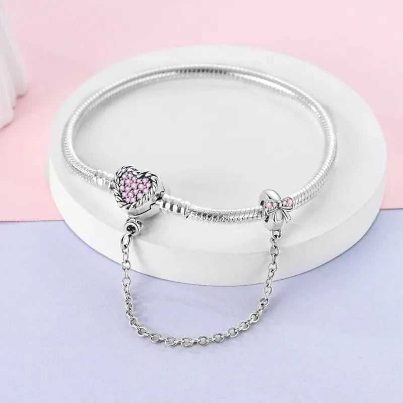 Pink Crystal Heart Charm Bracelet with Bow and Safety Chain