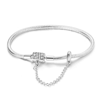 Sterling Silver Bracelet with Sparkling Pavé Clasp and Safety Chain