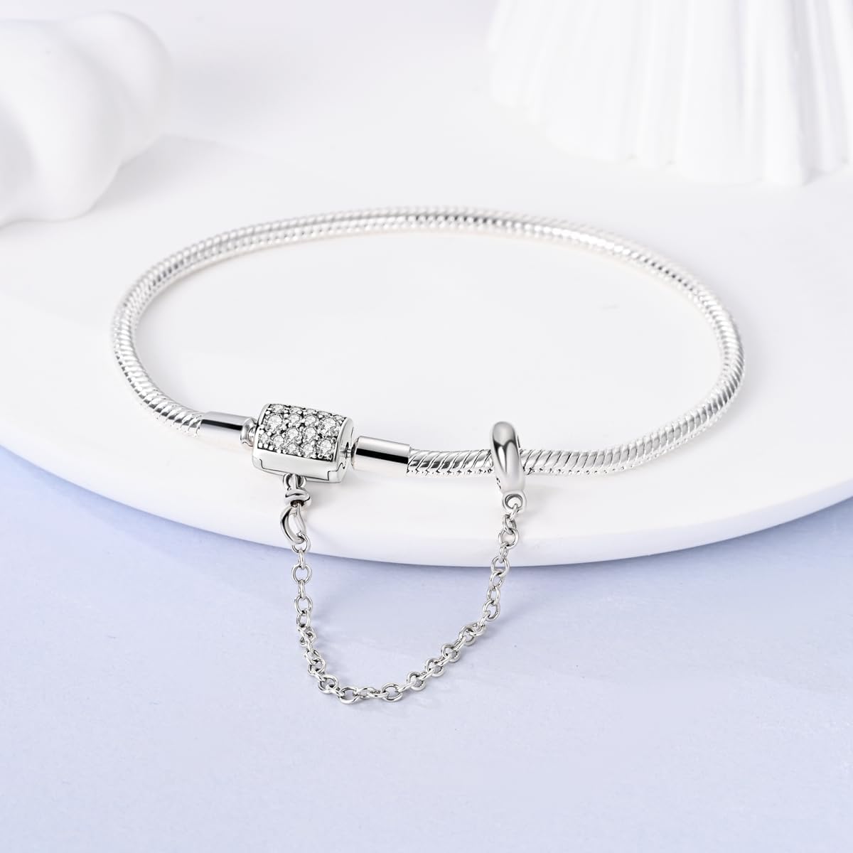 Sterling Silver Bracelet with Sparkling Pavé Clasp and Safety Chain