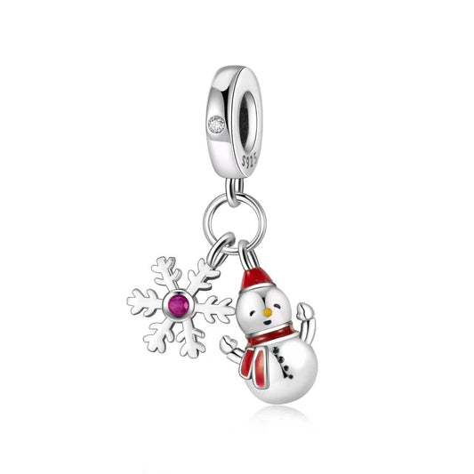 Charm doble colgante de invierno con muñeco de nieve y copo de nieve