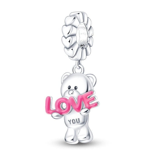 Teddy Bear Holding 'Love You' Pink Dangle Charm