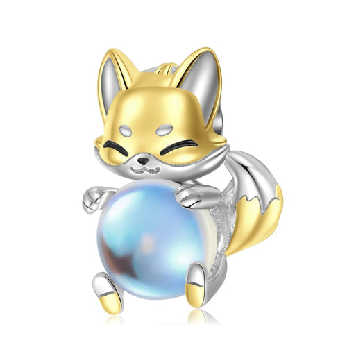 Golden Fox Embracing Blue Pearl Charm