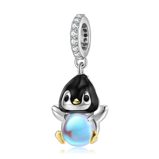 Penguin with a Glowing Blue Sphere Dangle Charm