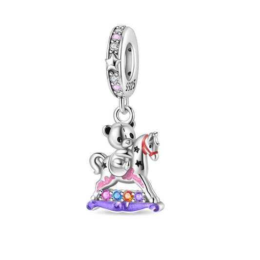 Playful Bear on Rocking Horse Dangle Charm