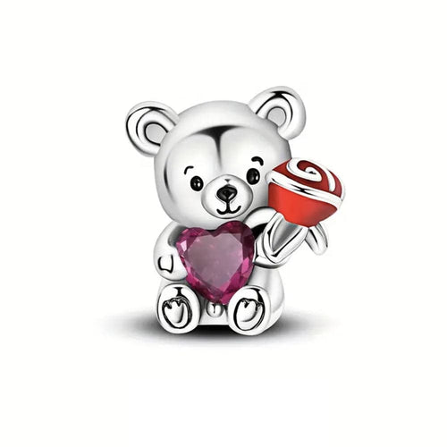 Teddy Bear Holding a Heart & Rose Love Charm