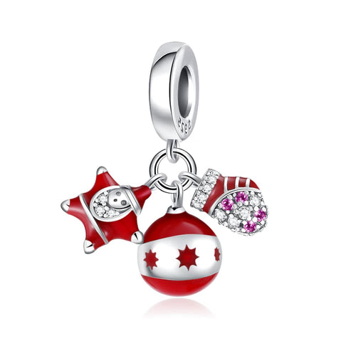 Christmas Ornament, Star & Mitten Triple Dangle Charm