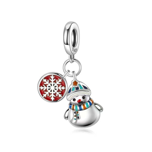 Charm colgante de muñeco de nieve con copo de nieve rojo