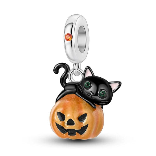 Black Cat on Pumpkin Dangle Charm