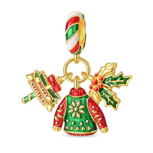 Christmas Sweater, Holly Leaves, and Festive Ornament Charm