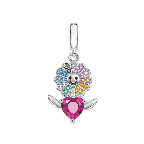 Daisy Flower Pink Heart Dangle Charm