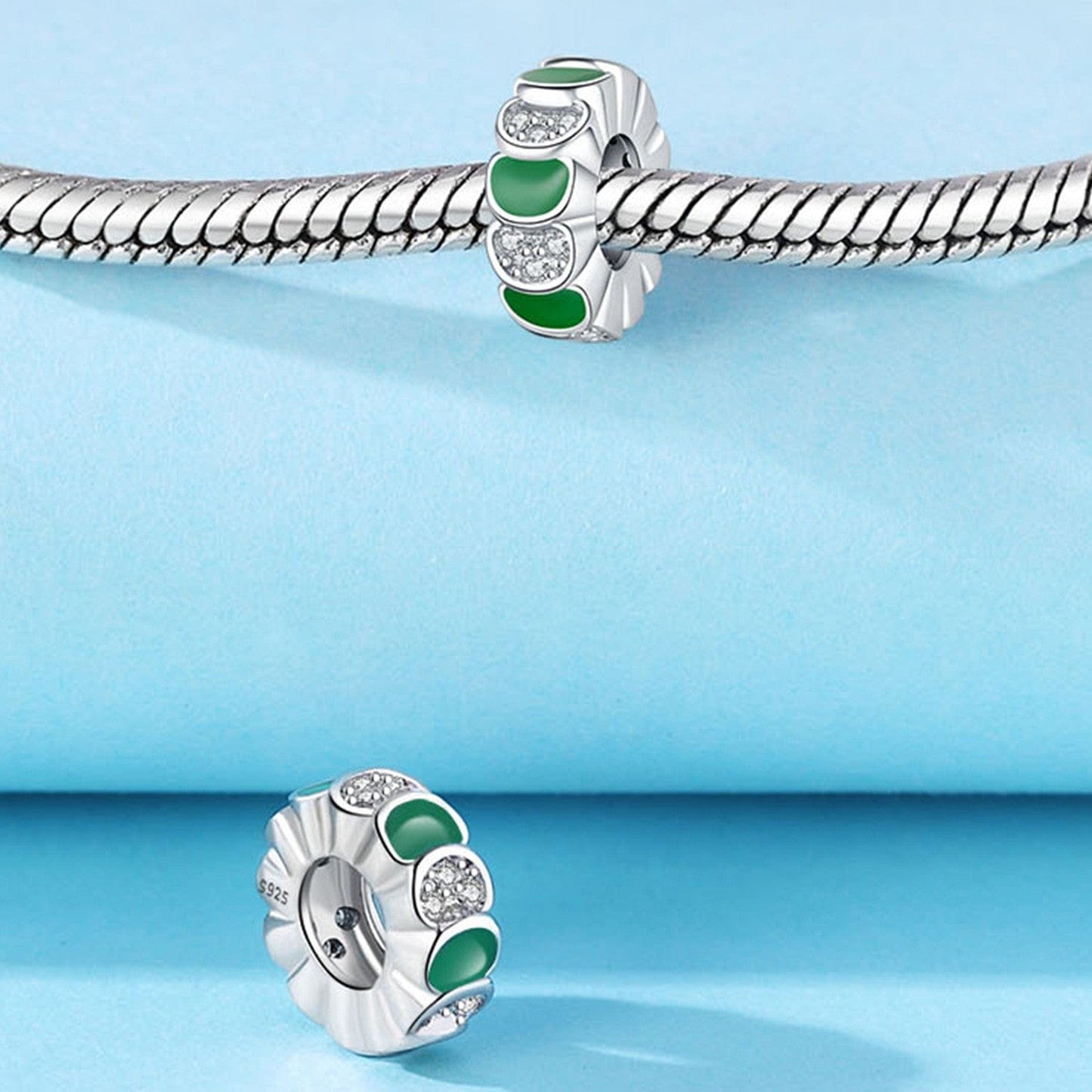 Elegant Green Enamel & Crystal Detailed Sterling Silver Charm