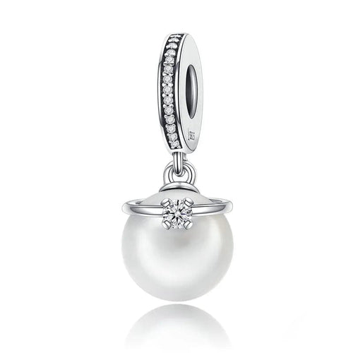 Elegant Pearl and Clear Crown CZ Dangle Charm