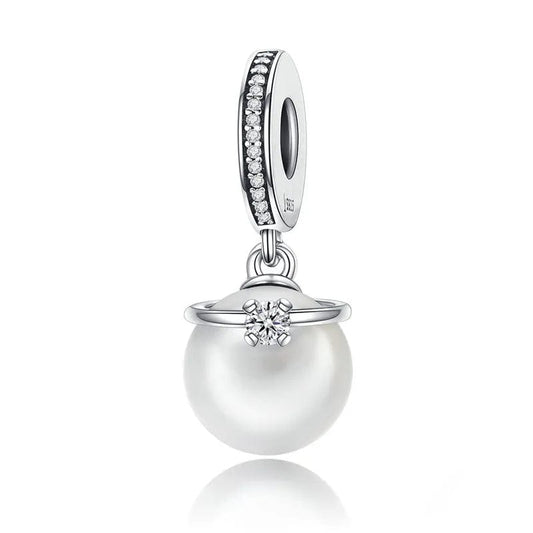 Elegant Pearl and Clear Crown CZ Dangle Charm