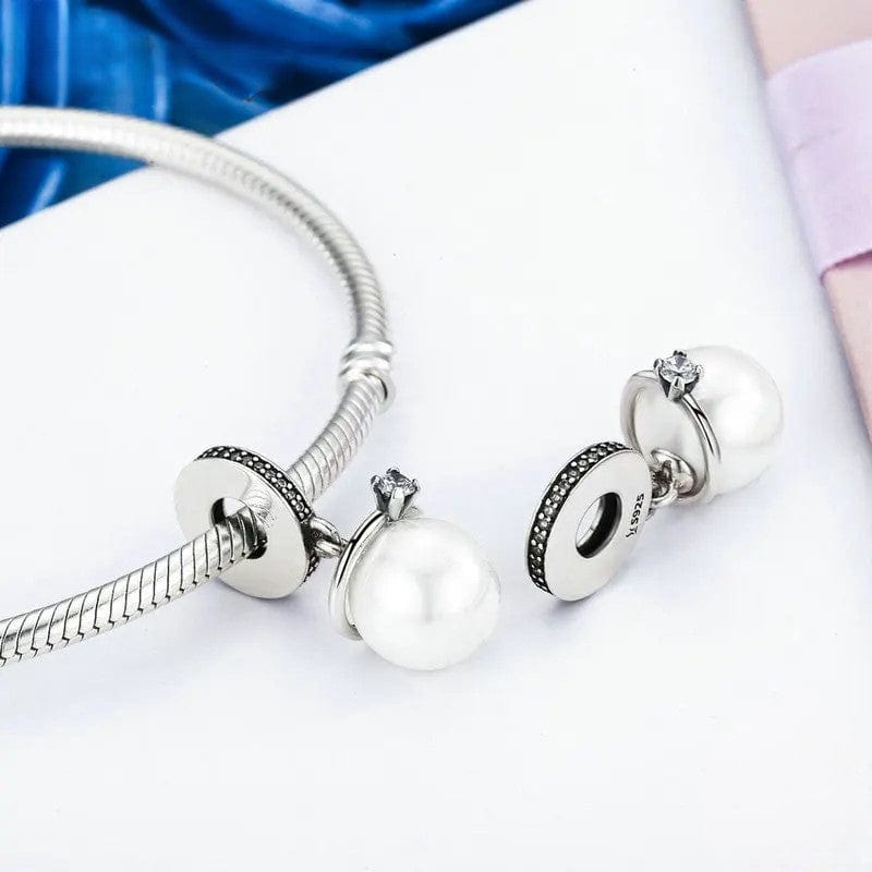 Elegant Pearl and Clear Crown CZ Dangle Charm