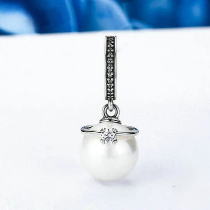 Elegant Pearl and Clear Crown CZ Dangle Charm