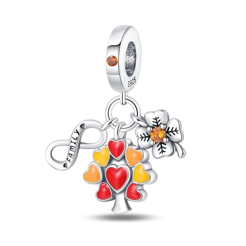 Family Love Tree Charm with Heart Leaves and Clover