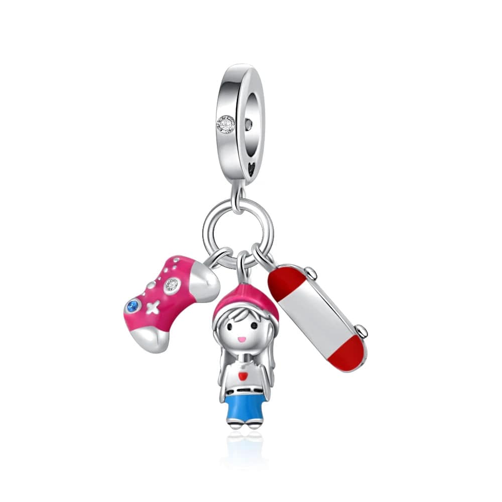 Joystick Gaming Boy Skateboard Triple Dangle Charm