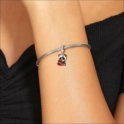 Panda Hugging Stitched Red Heart Dangle Charm