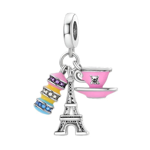 Macaron cu cafea roz Paris Turnul Eiffel Triple Dangle Charm