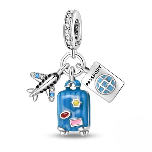 Plane, Passport and Blue Suitcase Triple Dangle Charm