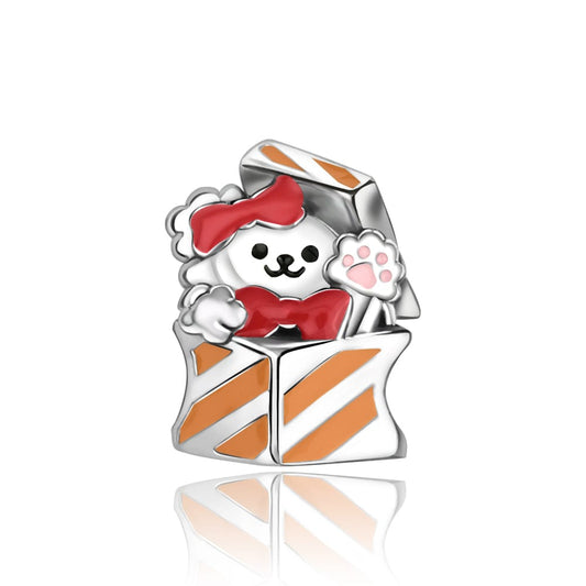 Playful Puppy in Gift Box Charm with Paw Print