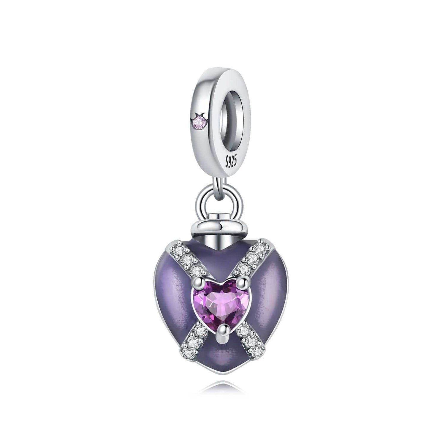 Charm de corazón morado con piedra preciosa rosa brillante