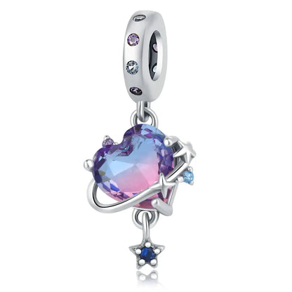 Romantic Universe Theme Murano Glass Purple Heart Dangle Charm