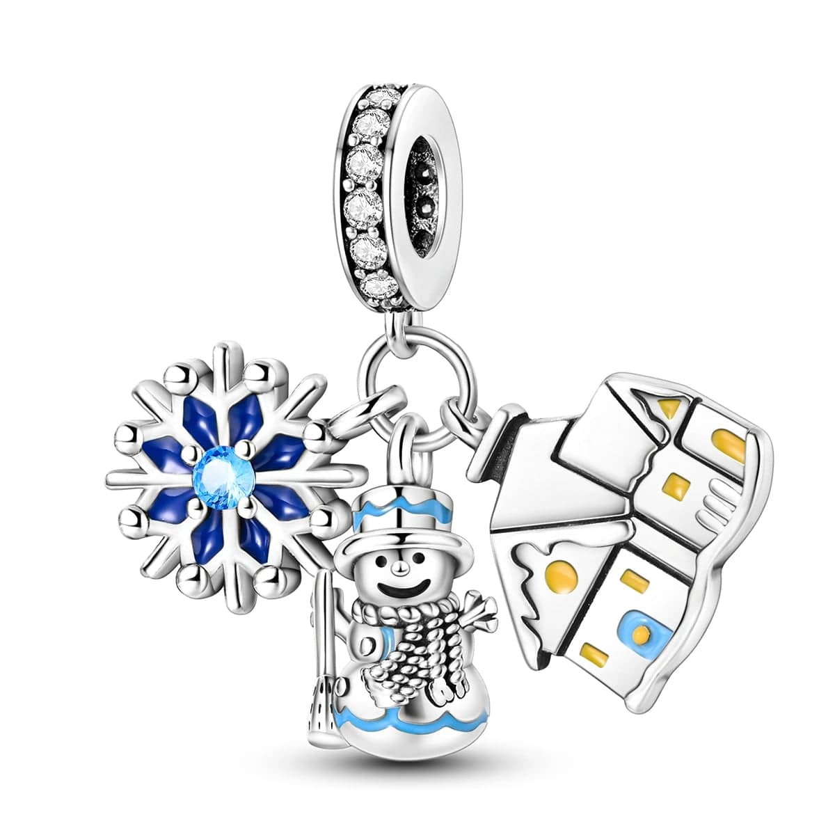 Winter Wonderland Charm Trio – Snowflake, Snowman & Cozy House