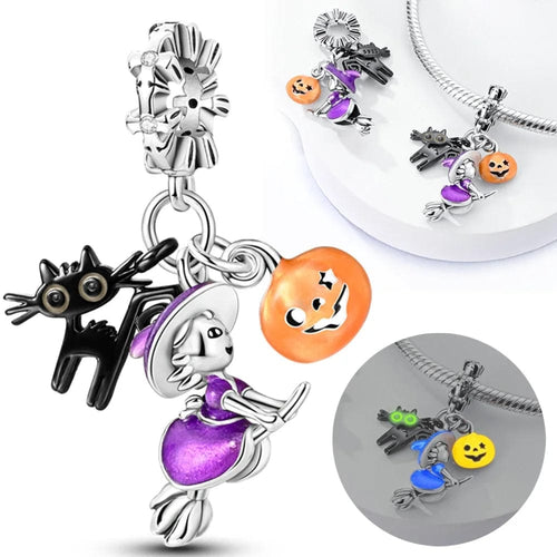 Witch on Broomstick, Luminous Cat & Pumpkin Triple Dangle Charm