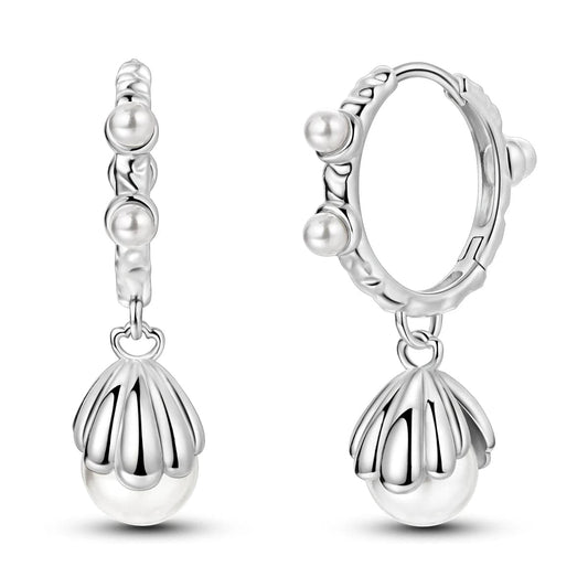 Pearl Drop Hoop Earrings with Floral Shell Design