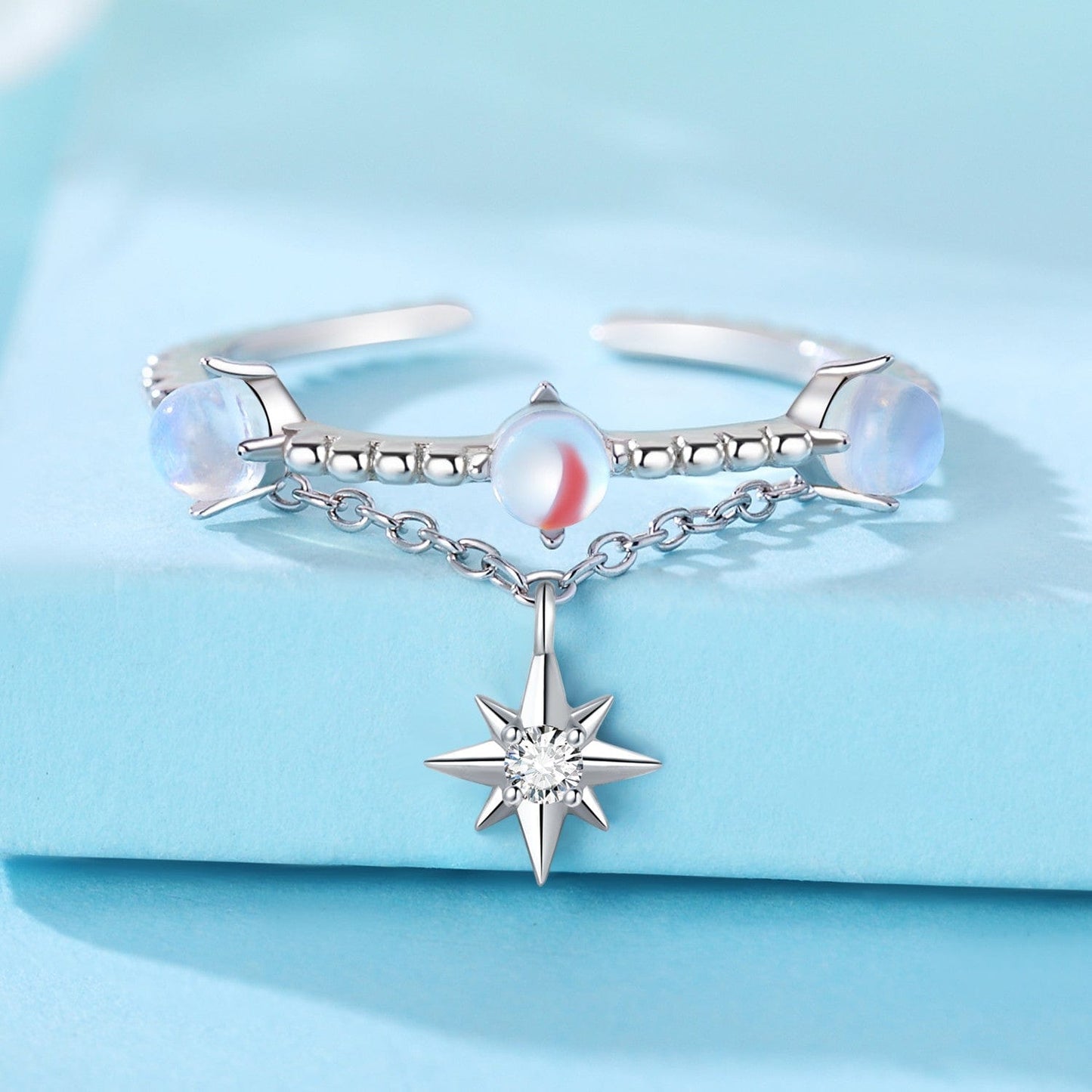 Lunar Glow Opal and Star Chain Ring