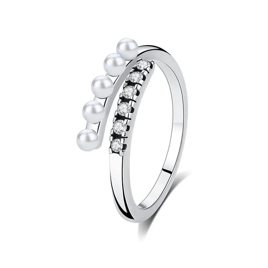 Pearl & Zircon Stone Adjustable Ring – Dual Row Design